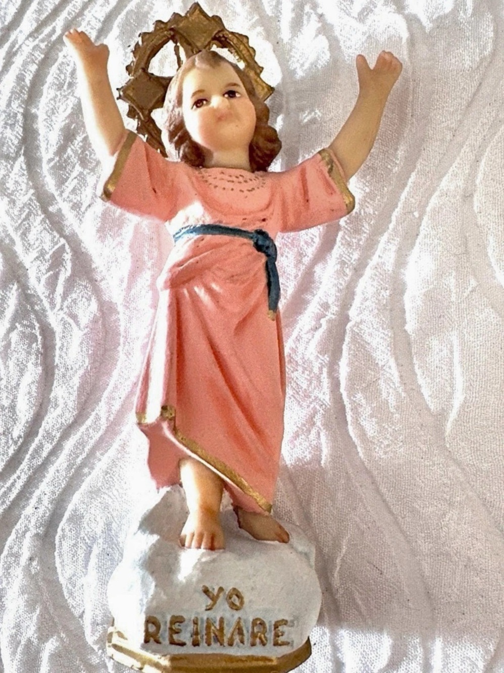 Vintage Religious “ The Sovereign Child” Figurine Pink & Gold 5” missing right t